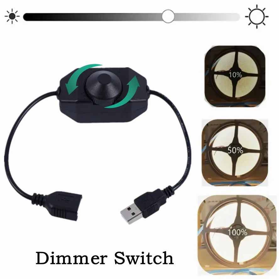 6 tipos de interruptor de atenuación de perilla LED DC 5V, cable de extensión USB hembra a macho con controlador giratorio de encendido y apagado, tiras de luces blancas y negras