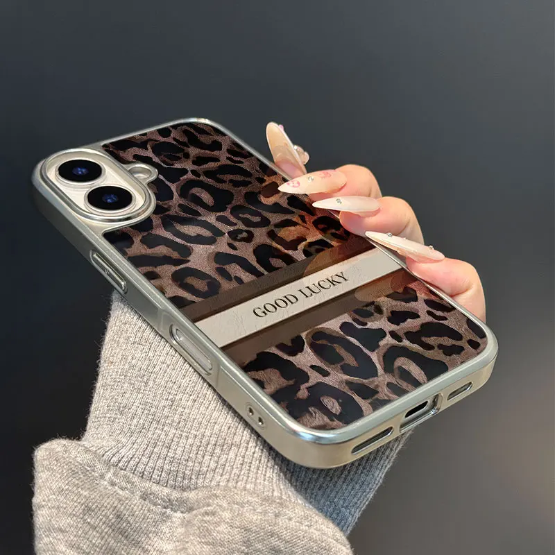 Funda de teléfono anticaída de TPU epoxi con borde plateado y estampado de leopardo de la suerte para iPhone XR/11/12/13/14/15/16/17 Pro Max - imagen 3
