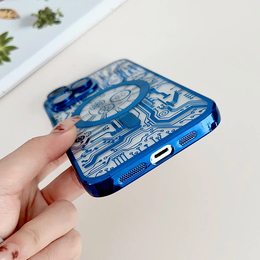 Funda magnética para iPhone 16, 15, 14, 13, 12, 11 Pro Max Plus, cubierta chapada en diagrama de circuito, carcasa transparente suave para Magsafe Funda - imagen 5