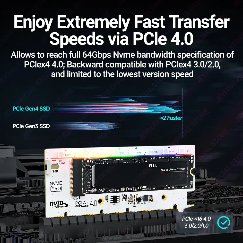 Tarjeta adaptadora JEYI RGB M.2 NVMe SSD a PCIe 4,0, tarjeta de expansión PCIE X4 X8 X16 de 64Gbps para PC de escritorio, compatible con SSD 2280/60/40/32 - imagen 3