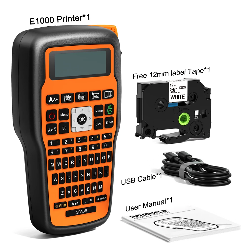 Impresora para hacer etiquetas E1000 PRO, Compatible con tubos termorretráctiles, cinta para hacer etiquetas TZ231, símbolos de teclado QWERTY, impresora Industrial - imagen 2