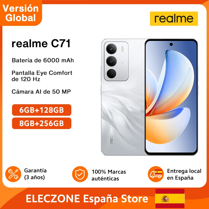 Versión global del smartphone realme C71 4G con pantalla Eye Comfort de 6,67 pulgadas y 120 Hz, batería de 6000 mAh, cámara AI de 50 MP y chipset Octa-Core.