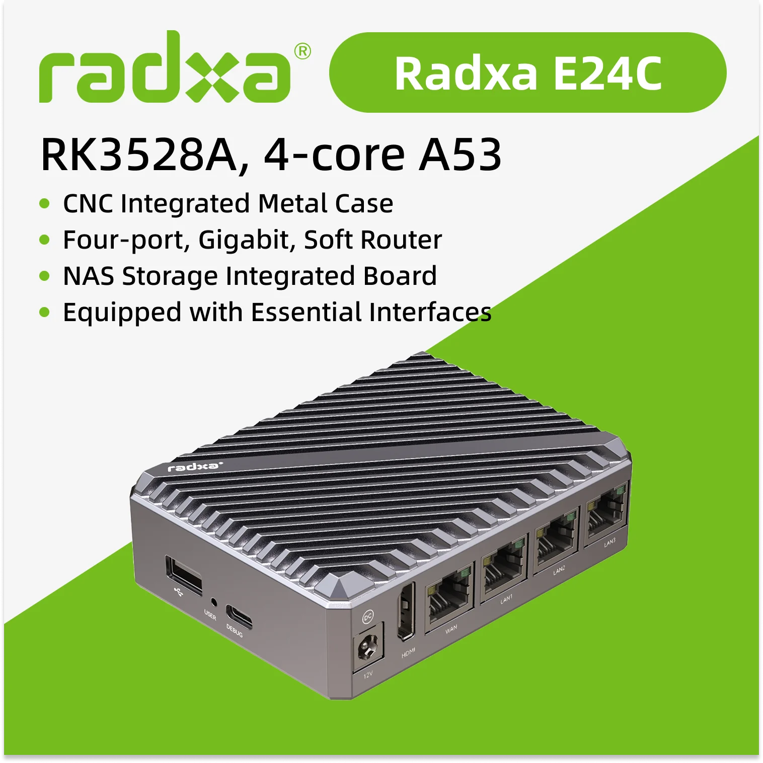Computadora de placa única Radxa E24C - Rockchip RK3528A Quad-Core A53 4x GbE USB-C Alimentación LPDDR4/Sd Soporte