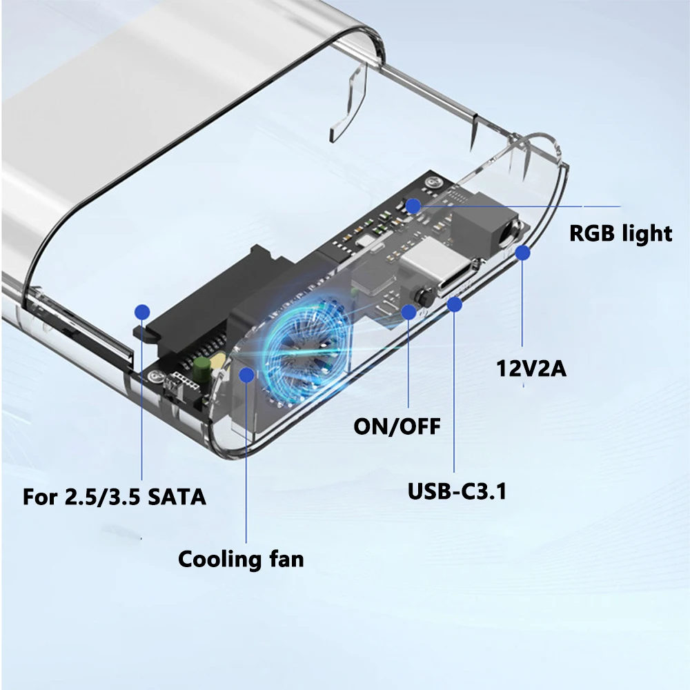 Caja de disco duro SATA USB 3,0 a 2,5 y 3,5 pulgadas con ventilador, luz RGB, lector SSD externo, caja HDD, compatible con carcasa de 22TB para ordenadores portátiles - imagen 2