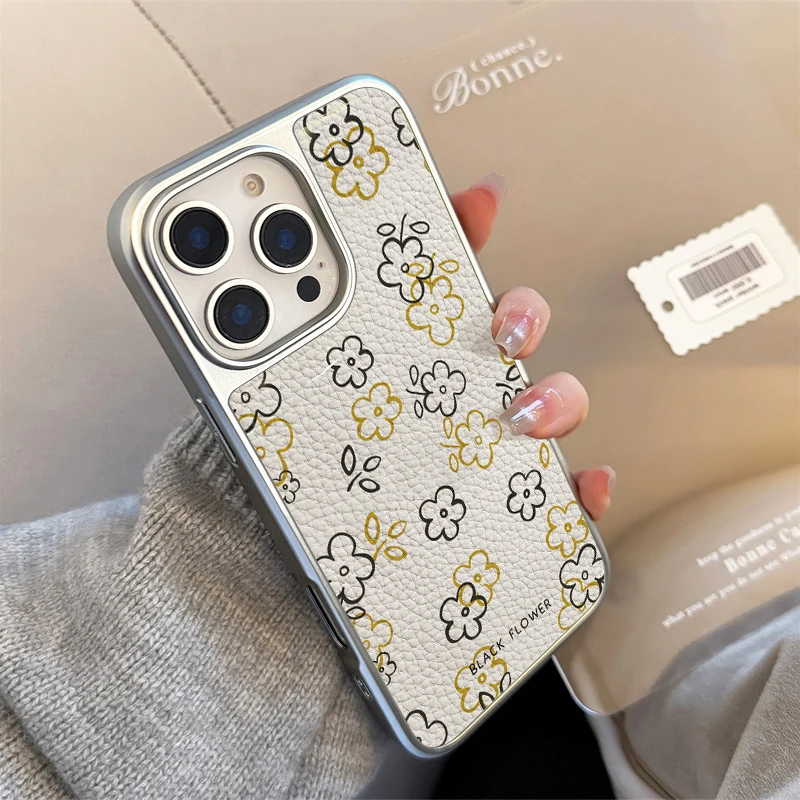 Funda de teléfono con textura de cuero y flores negras ins para iPhone11/12/13/14/15/16/20 Pro Max AIR PLUS