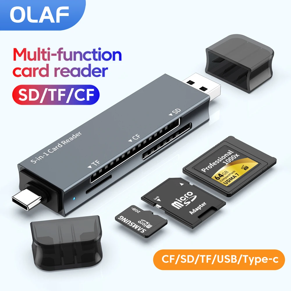 Lector de tarjetas USB2.0 5 en 1, lector de tarjetas SD/TF/CF, adaptador de lector de tarjetas de transferencia de lectura/escritura de alta velocidad para accesorios de ordenador portátil y PC