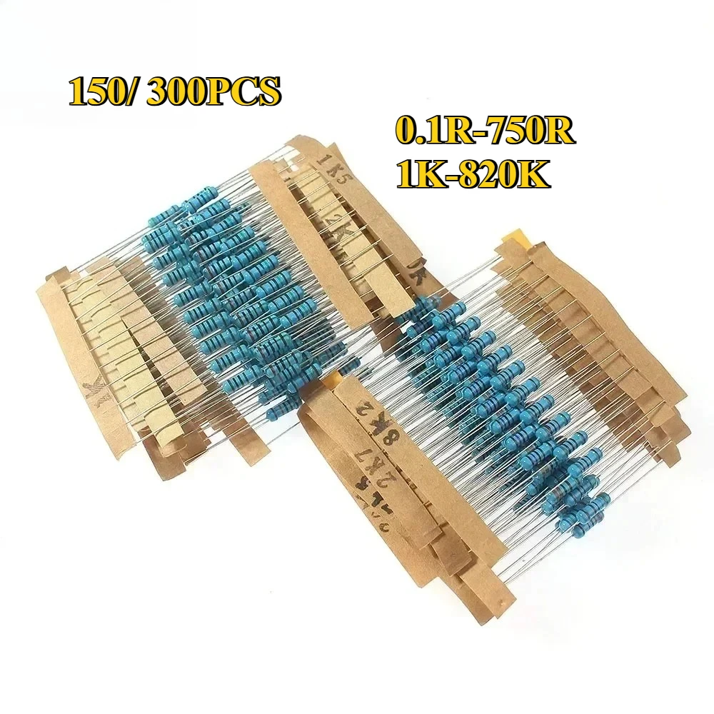 150/300 Uds 1/2W 1W 2W resistencia de película metálica 1% resistencia paquete surtido 30 valores 0.1R ~ 750R 1K ~ 820K Ohm resistencias kits surtidos