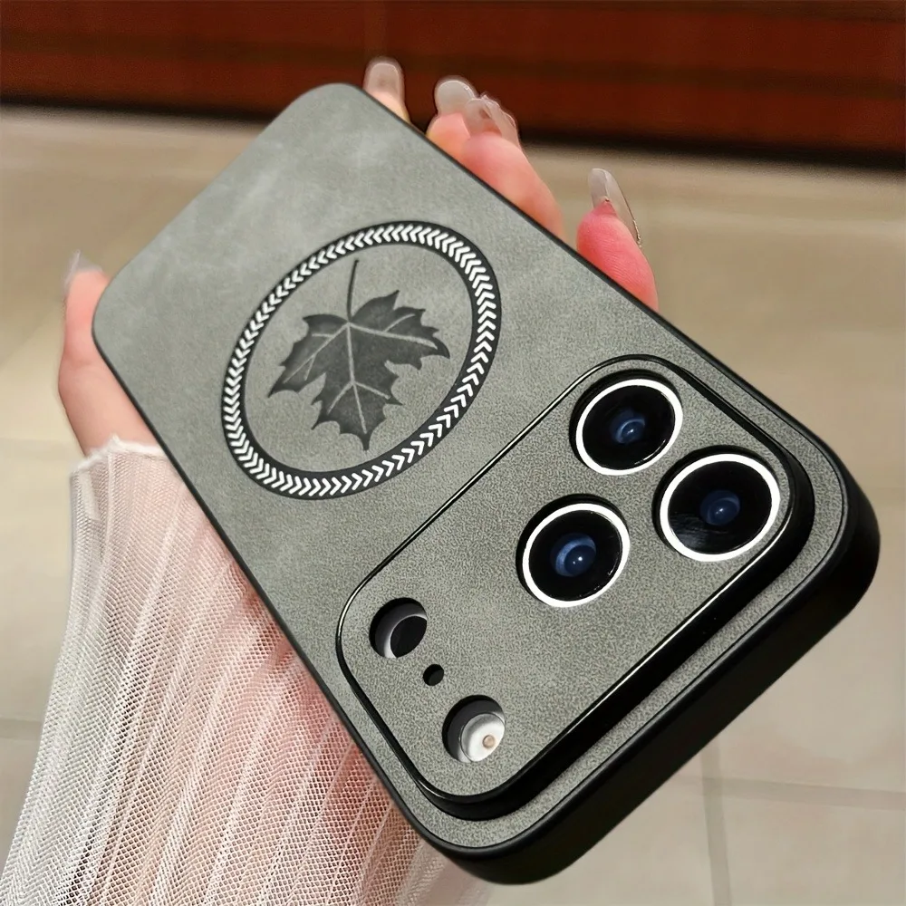 Funda de teléfono con patrón de hoja de arce de cuero magnético para iPhone 17 Air 16 15 14 Plus 13 12 Pro Max para fundas de carga inalámbrica Magsafe, funda para iphone 17 16 pro max - imagen 3