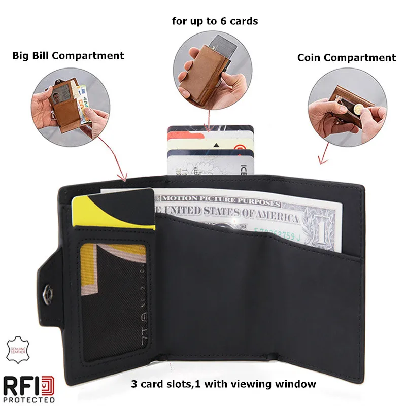 Cartera delgada de Metal de aluminio para hombre, tarjetero con cremallera, cartera emergente de cuero PU RFID para tarjetas y monedas, compras para hombre - imagen 3