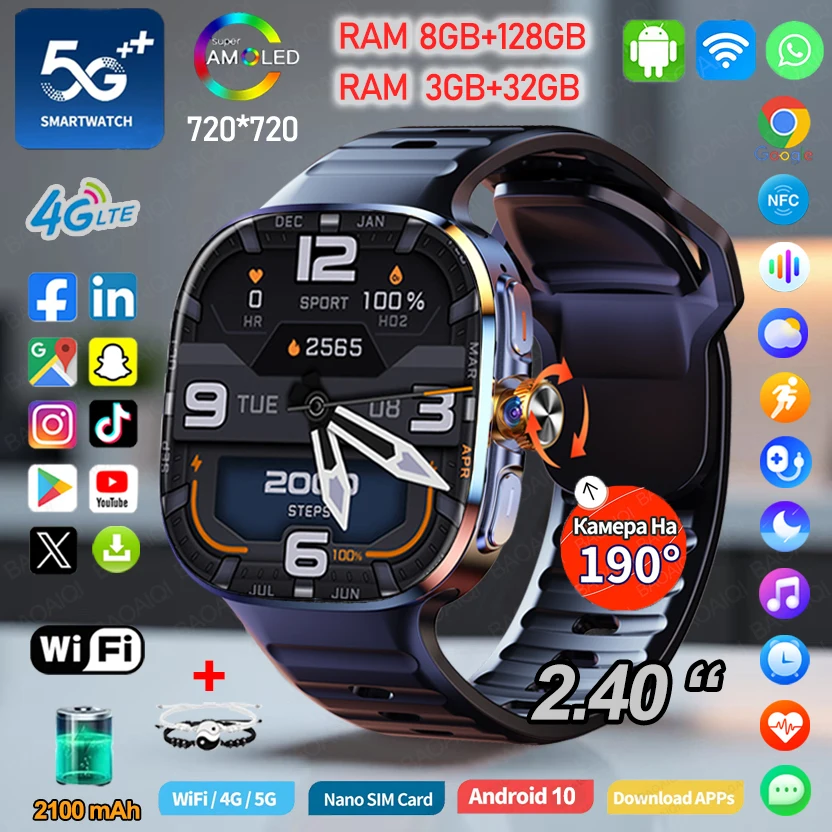 Reloj inteligente 5G/4G totalmente en red 720*720 AMOLED 2,4 pulgadas 900W cámara 8GB + 128GB RAM 2100mah relojes GPS WIFI Google APPS Smartwatch - imagen 2