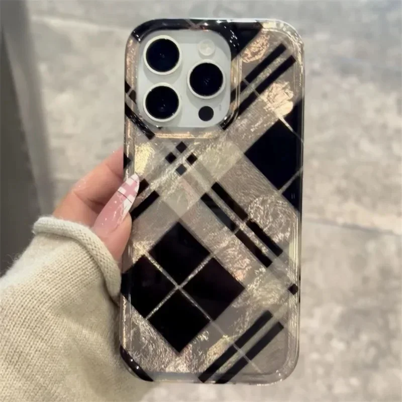 Funda de teléfono con diseño de rejilla de diamante dorado y negro Retro para iPhone 16 15 14 13 12 11 Pro XR XS Max 7 8 Plus, funda trasera a prueba de golpes - imagen 5