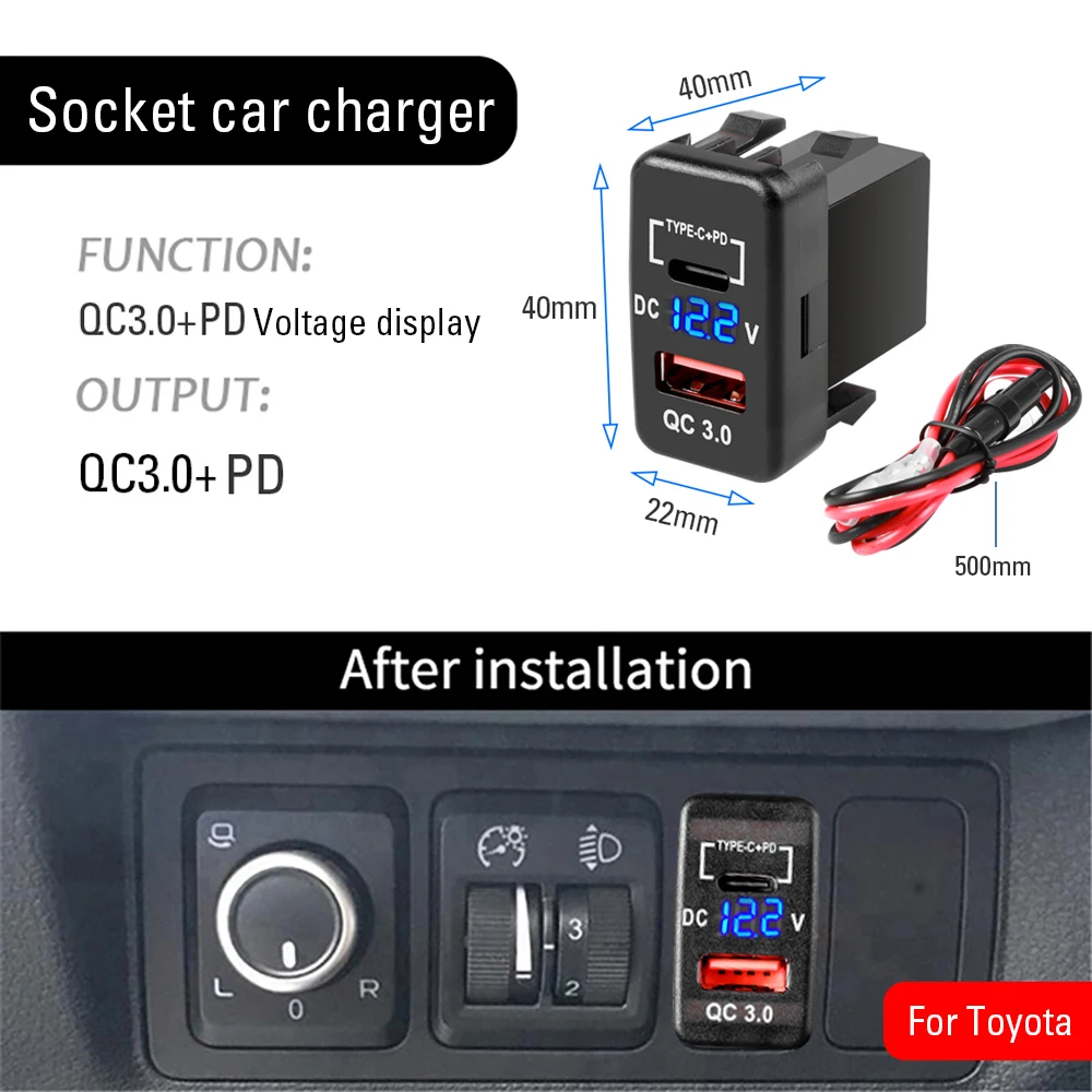 Cargador de coche Dual USB C PD puertos teléfono carga rápida QC3.0 adaptador automático teléfono 12V encendedor de cigarrillos de coche cargador de enchufe para TOYOTA