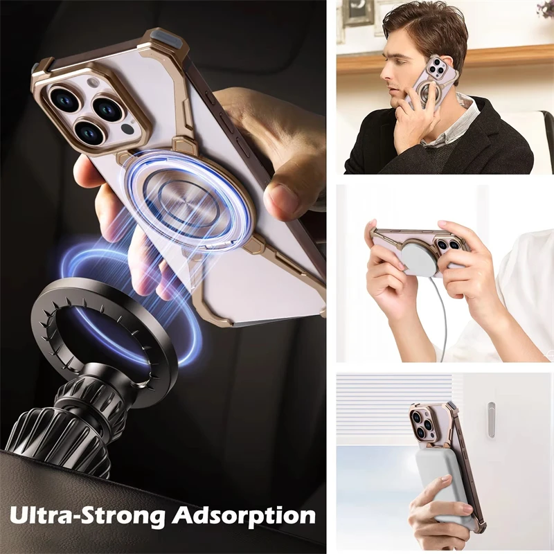 Caja magnética sin marco del teléfono Magsafe del metal para el iPhone 13 14 15 16 Pro Max 360 °   Cubierta de parachoques de carga inalámbrica con soporte giratorio - imagen 4
