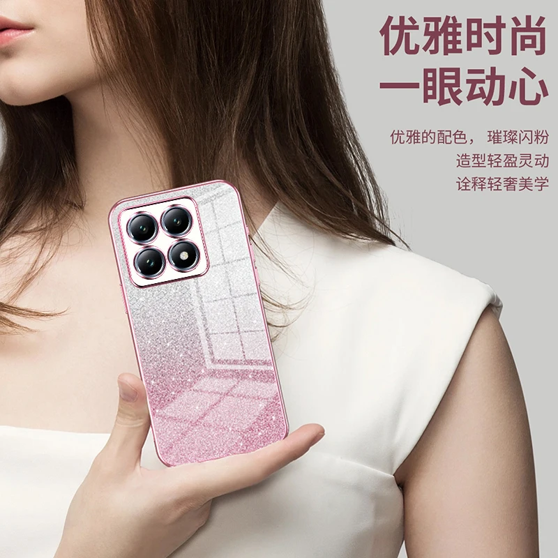 Funda de lujo galvanizada con purpurina para Xiaomi 14T 5G, cubierta trasera con lente anticaída, cubierta completa para parachoques Xiaomi 14T 5G - imagen 2