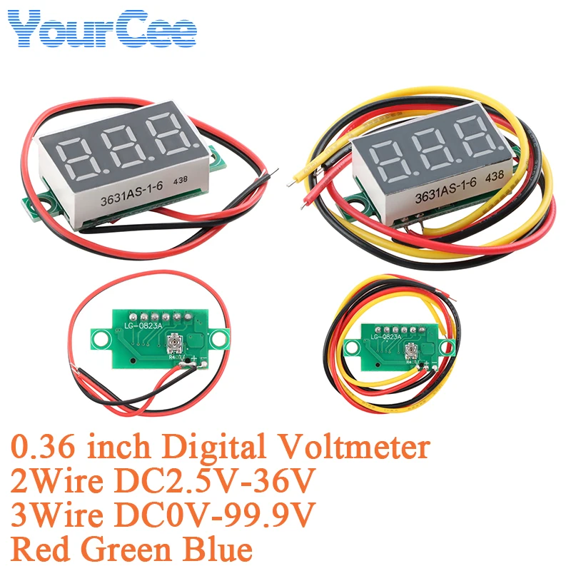 2 uds 0,36 pulgadas DC pantalla LED voltímetro Digital medidor de voltaje Auto alimentación del coche 2 cables DC2.5-36V 3 cables DC0V-99V con calibración