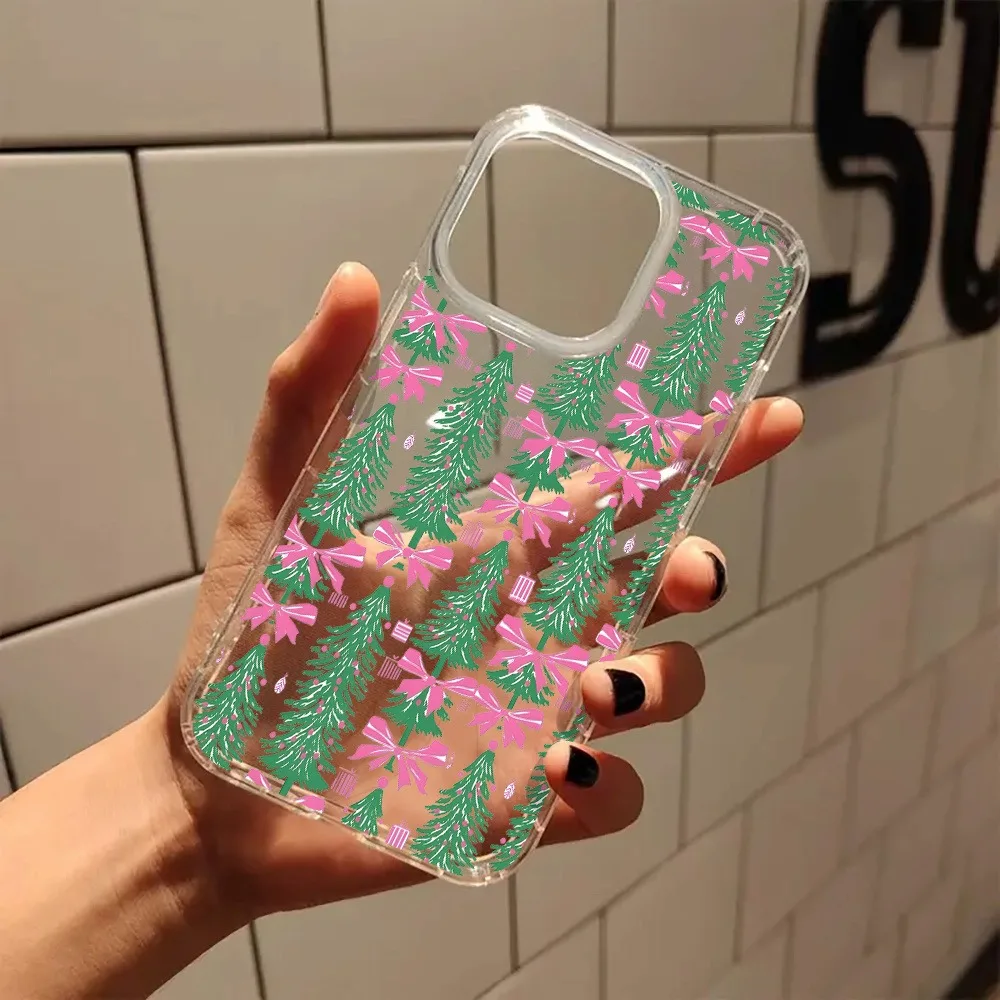 Funda de teléfono transparente estética con lazo rosa y árbol de Navidad para iPhone 17 16 11 13 15 14 12 Pro Max Plus XS X 7 8 16 SE2 - imagen 2