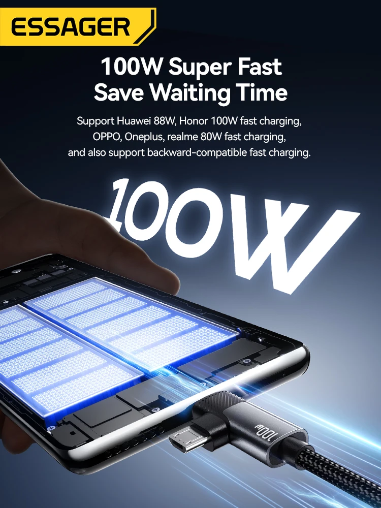 Essager Cable 2 en 1 de ángulo recto USB A a tipo C Lightning Micro 100W 7A Carga súper rápida para iPhone 16 15 iPad Samsung OPPO - imagen 3