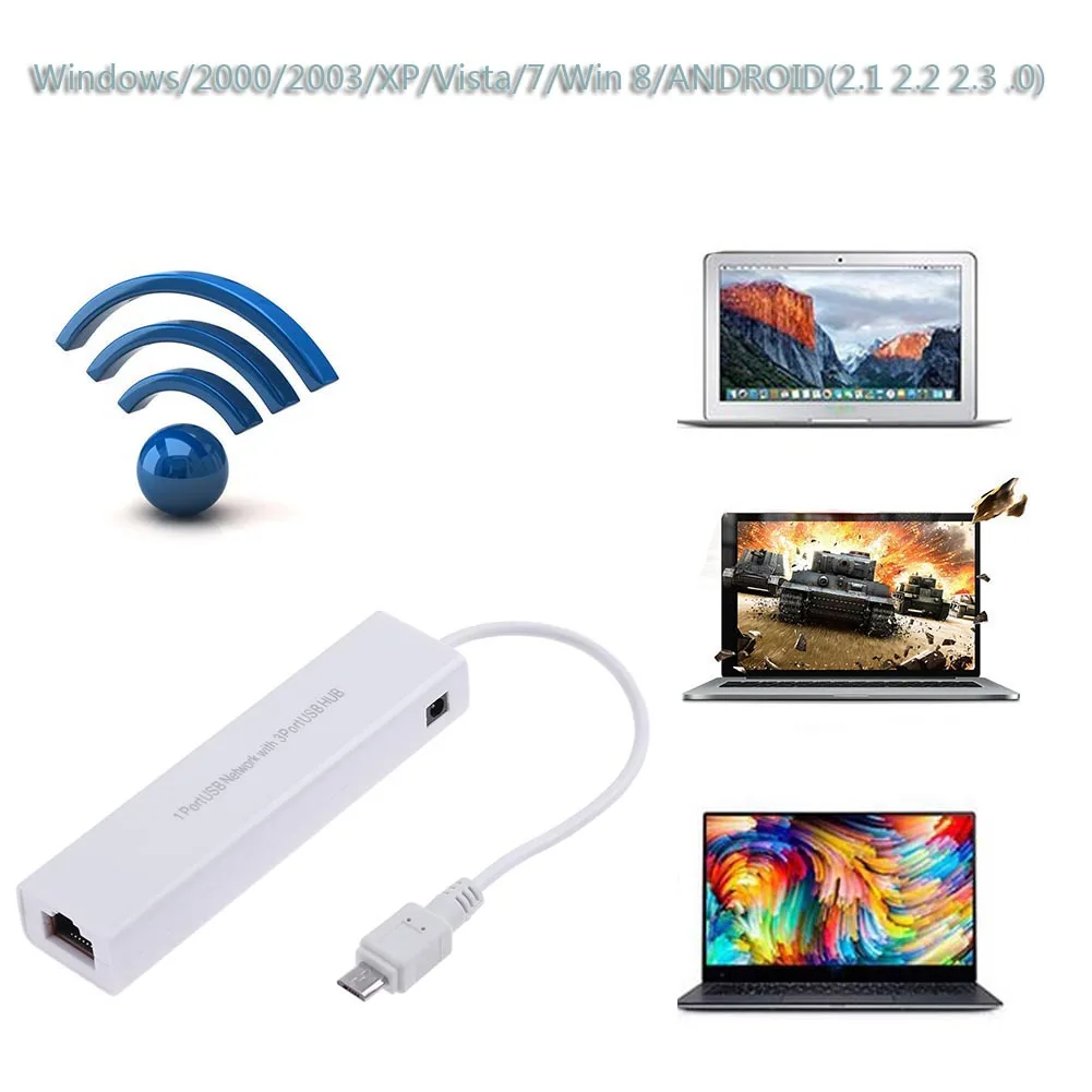 OTG-HUB DE 3 puertos USB 2,0, 10/100MB, Micro USB a RJ45, adaptador LAN, tarjeta de red - imagen 2