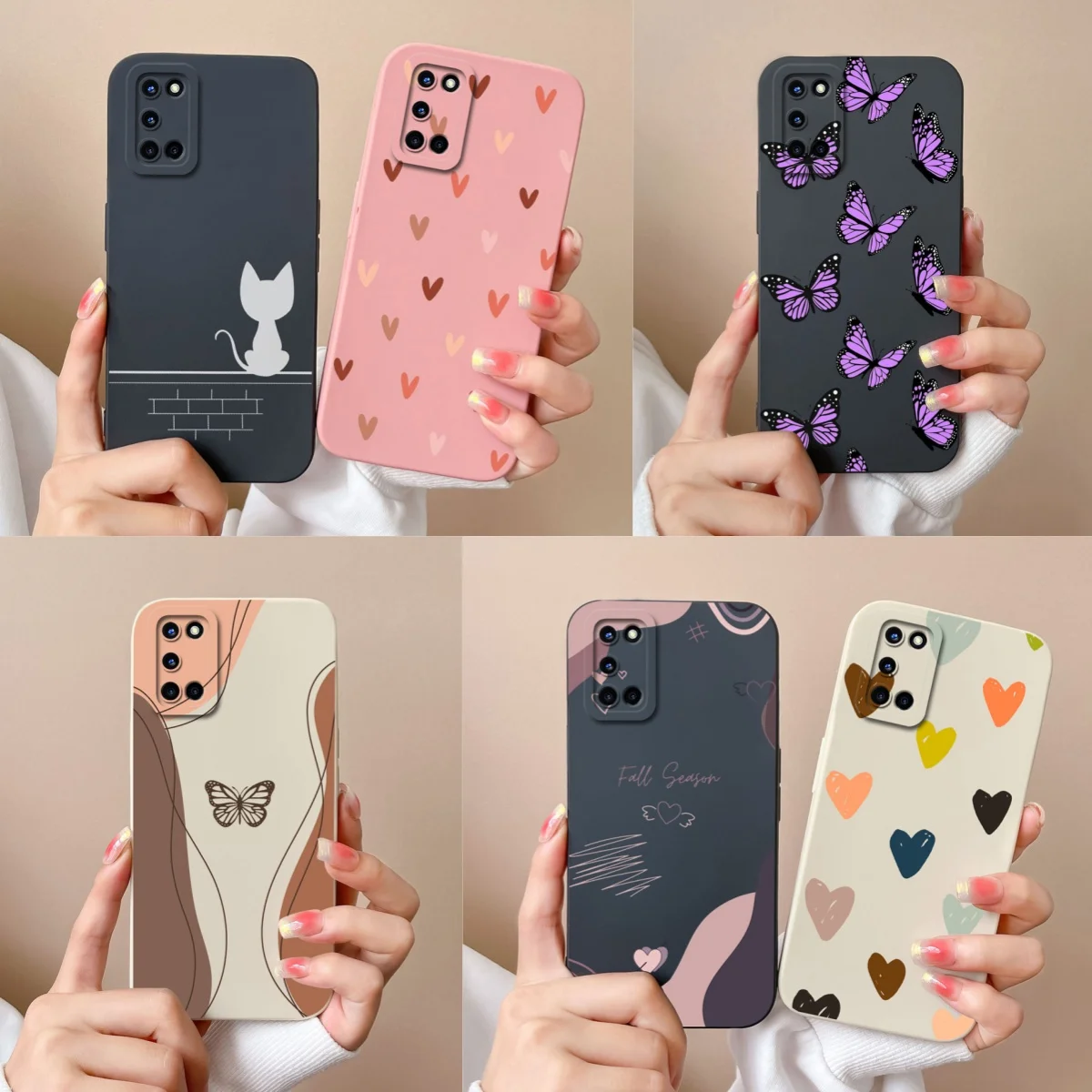 Para Oppo A52 A72 A92 Funda mariposa corazón Simple contraportada suave Líquido silicona Funda protección de cámara Anti caída carcasa de teléfono