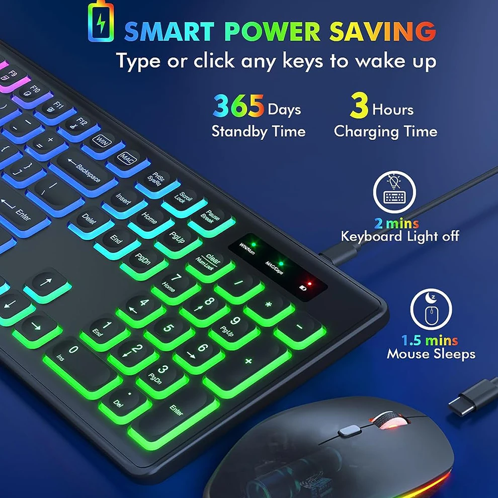 JOMAA Teclado y Ratón Inalámbrico RGB USB-C Gaming Tamaño Completo - imagen 5
