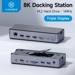 Hagibis Hub USB-C 15 en 1: 8K DP, HDMI, M.2, PD3.0, RJ45 para PC