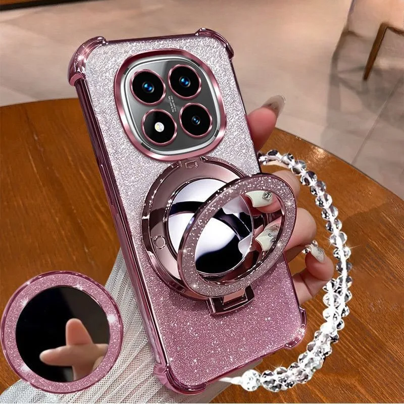 Funda de teléfono con purpurina y soporte de espejo de pulsera de cristal para Xiaomi Redmi Note 14 15 Pro Plus 15 15C 14C 14S 4G 5G, funda a prueba de golpes - imagen 4