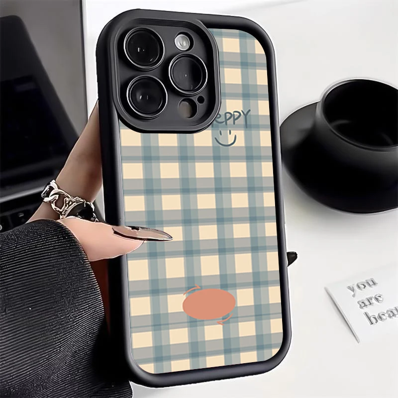 Funda a cuadros con cara sonriente feliz y azul para iPhone 11 12 13 14 15 16PRO MAX PLUS cobertura completa de lentes prevención de caídas funda de teléfono tpu - imagen 5
