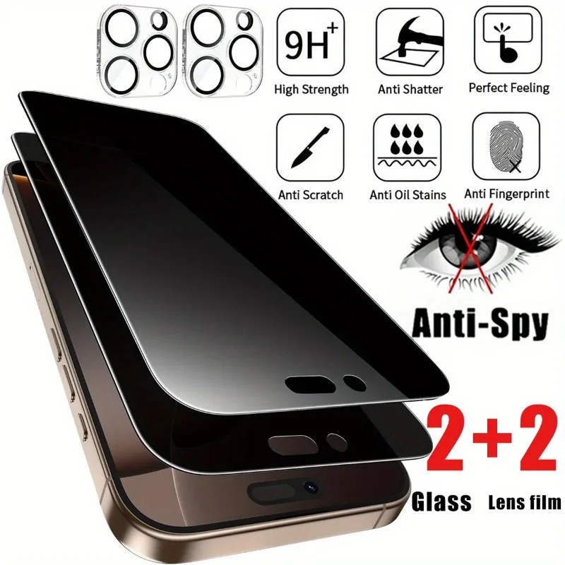 Paquete de 2 + 2 protectores de pantalla de privacidad con Protector de lente de cámara para iPhone 17 16 15 14 13 12 11 Pro Max Plus Mini 16e Air 15 Glass