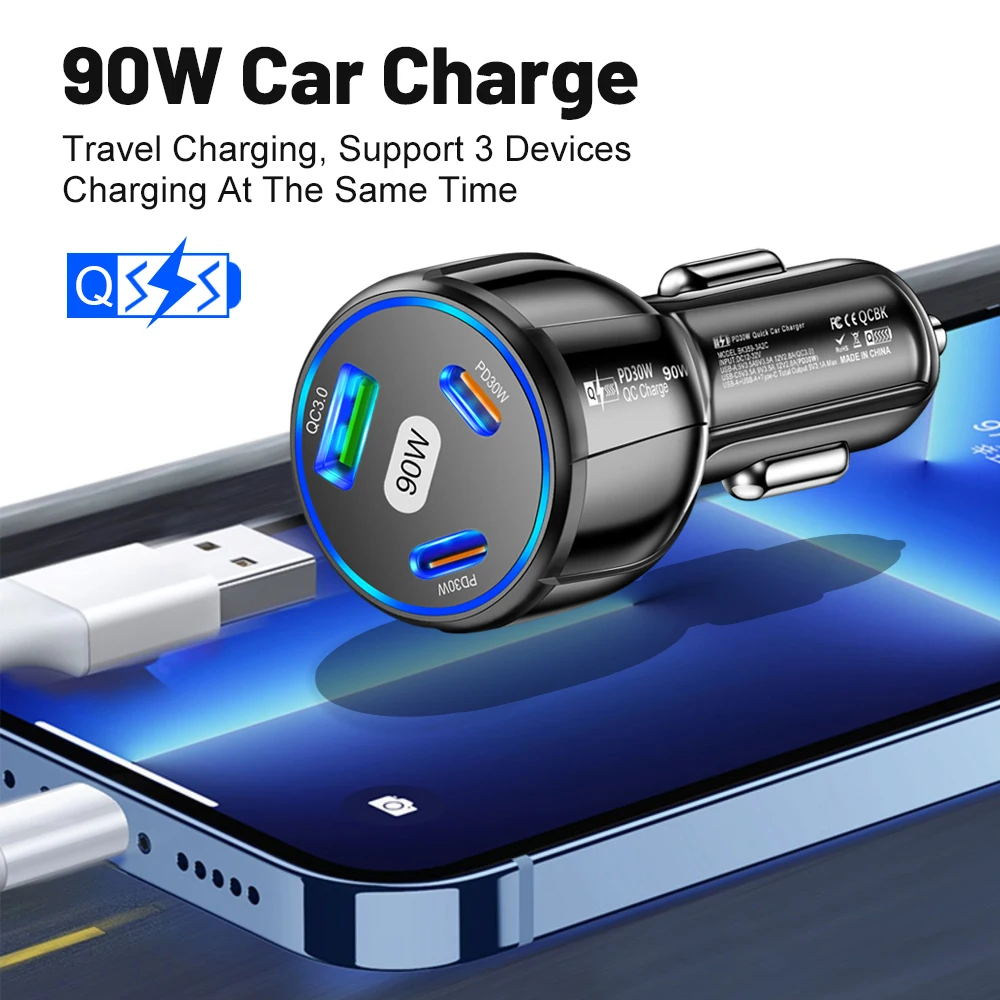 Cargador rápido de 90W, 3 puertos PD, USB, carga de coche, adaptador tipo C para teléfono móvil, cargador rápido en el coche para iPhone 14 15 Pro/Max Samsung - imagen 2