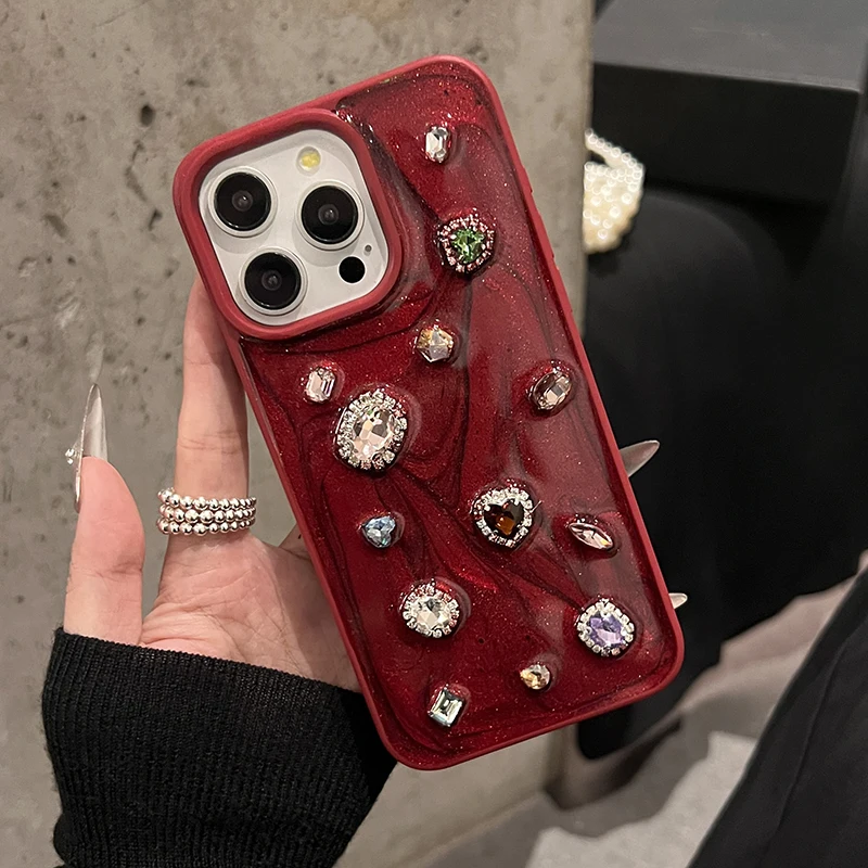 Funda de teléfono Diamond con diamantes de imitación y purpurina de lujo a la moda para iPhone 16 Pro Max 15 13 14 12 11 contraportada de silicona roja - imagen 3