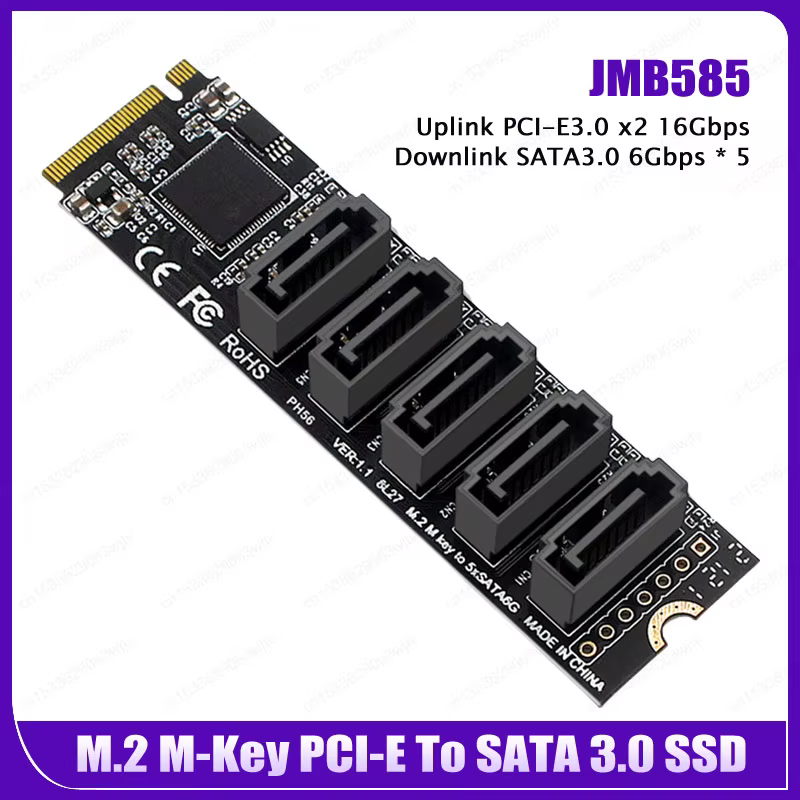 Adaptador Expansor PCIe M.2 NVMe 5 Puertos SATA III con Cable