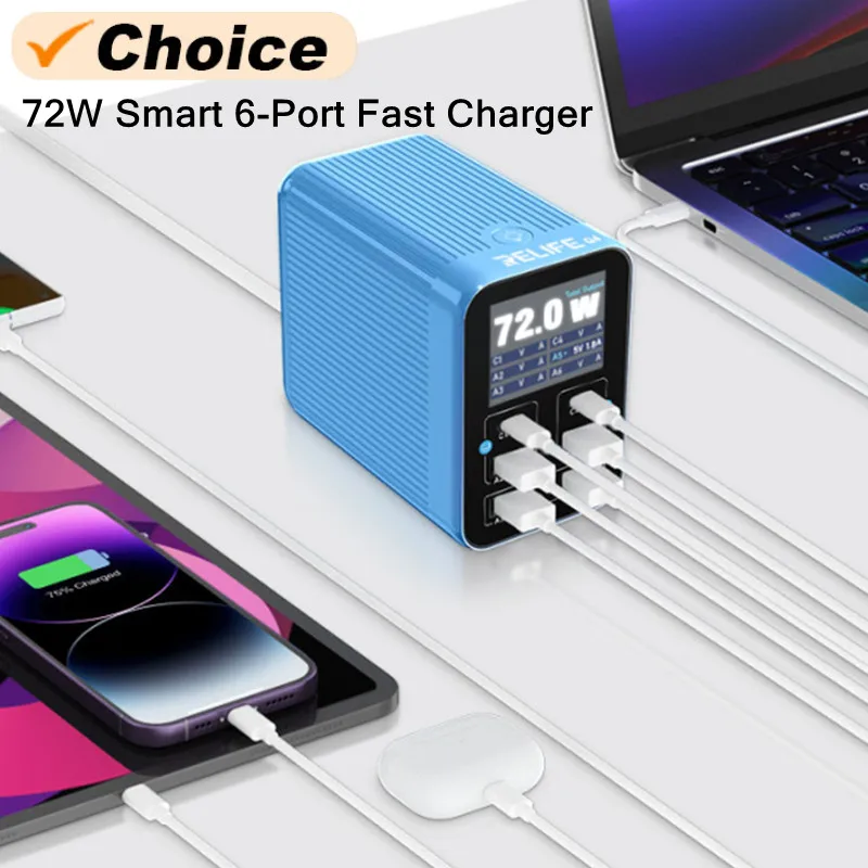 RELIFE Q4 72W cargador rápido inteligente de 6 puertos con pantalla TFT HD a Color para teléfono móvil tableta portátil Dual PD QC carga rápida