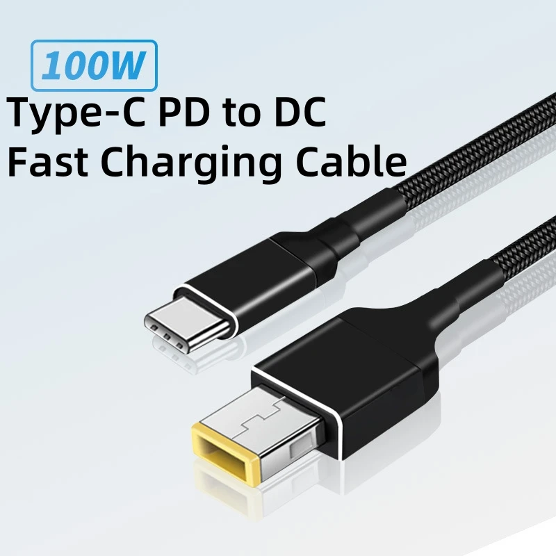 Cargador USB C GaN PD 65W 100W Cable de alimentación tipo C a punta delgada Cable convertidor de puerto cuadrado Compatible con Lenovo ThinkPad Laptop