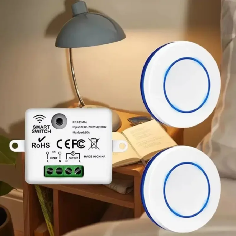 Mini interruptor de Control remoto, módulo receptor de relé, transmisor RF 433Mhz, interruptor de luz redondo, Panel inalámbrico de 10A para dormitorio - imagen 2