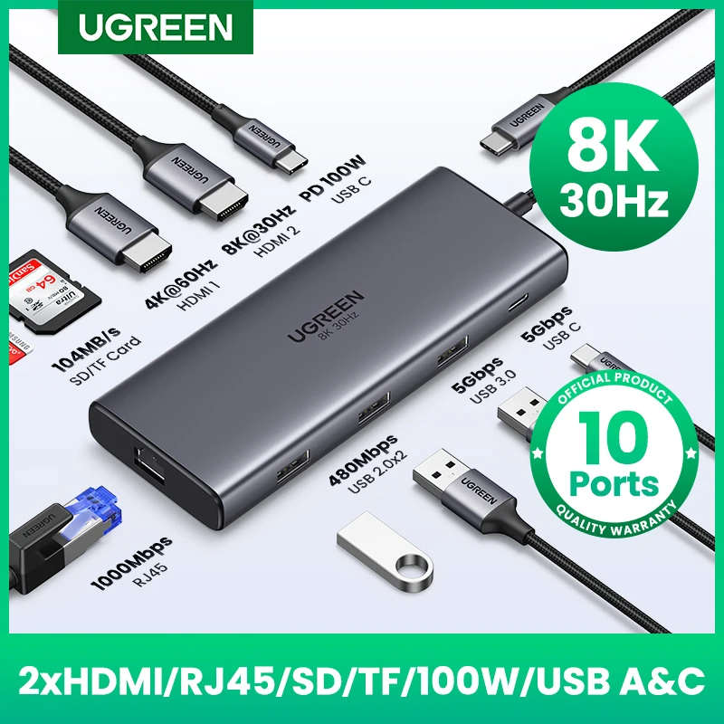 UGREEN Dual HDMI USB HUB 8K HDMI Adaptador 10 en 1 Divisor con RJ45 USB 3.0 PD 100W Dock para MacBook Pro Air M2 M1 USB C HUB - imagen 2