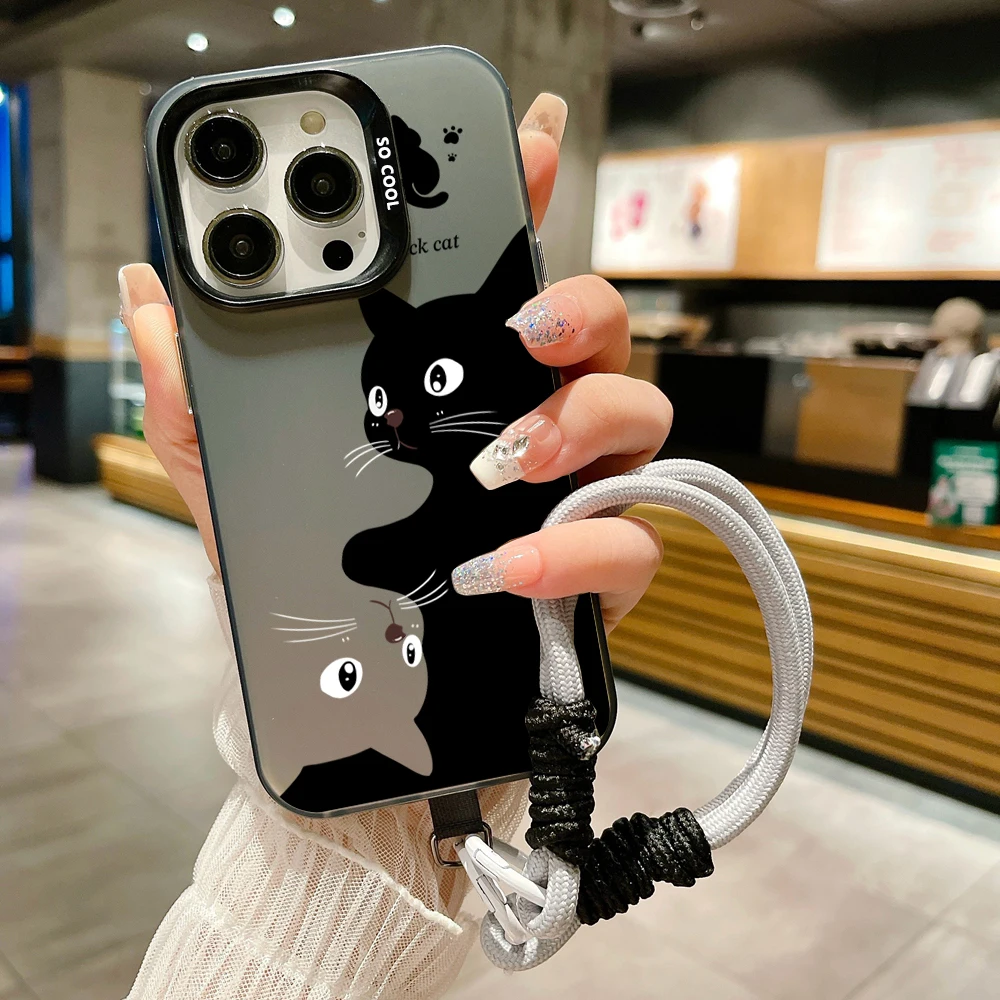 Funda de teléfono con correa de cordón de gato negro de dibujos animados para Samsung Galaxy A13 A23 A15 A35 A55 S24 S23 S22 S21 Ultra Plus S20 FE cubierta dura