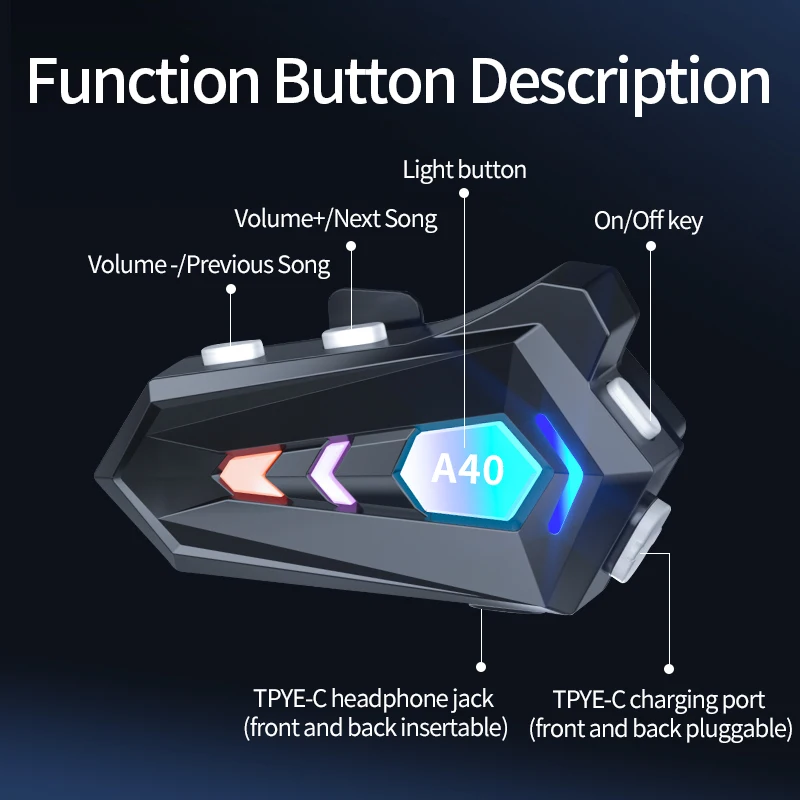 Auriculares para casco de motocicleta A40 Bluetooth V5.3 RGB luces coloridas auriculares IPX6 impermeable respuesta automática auriculares para motocicleta - imagen 4