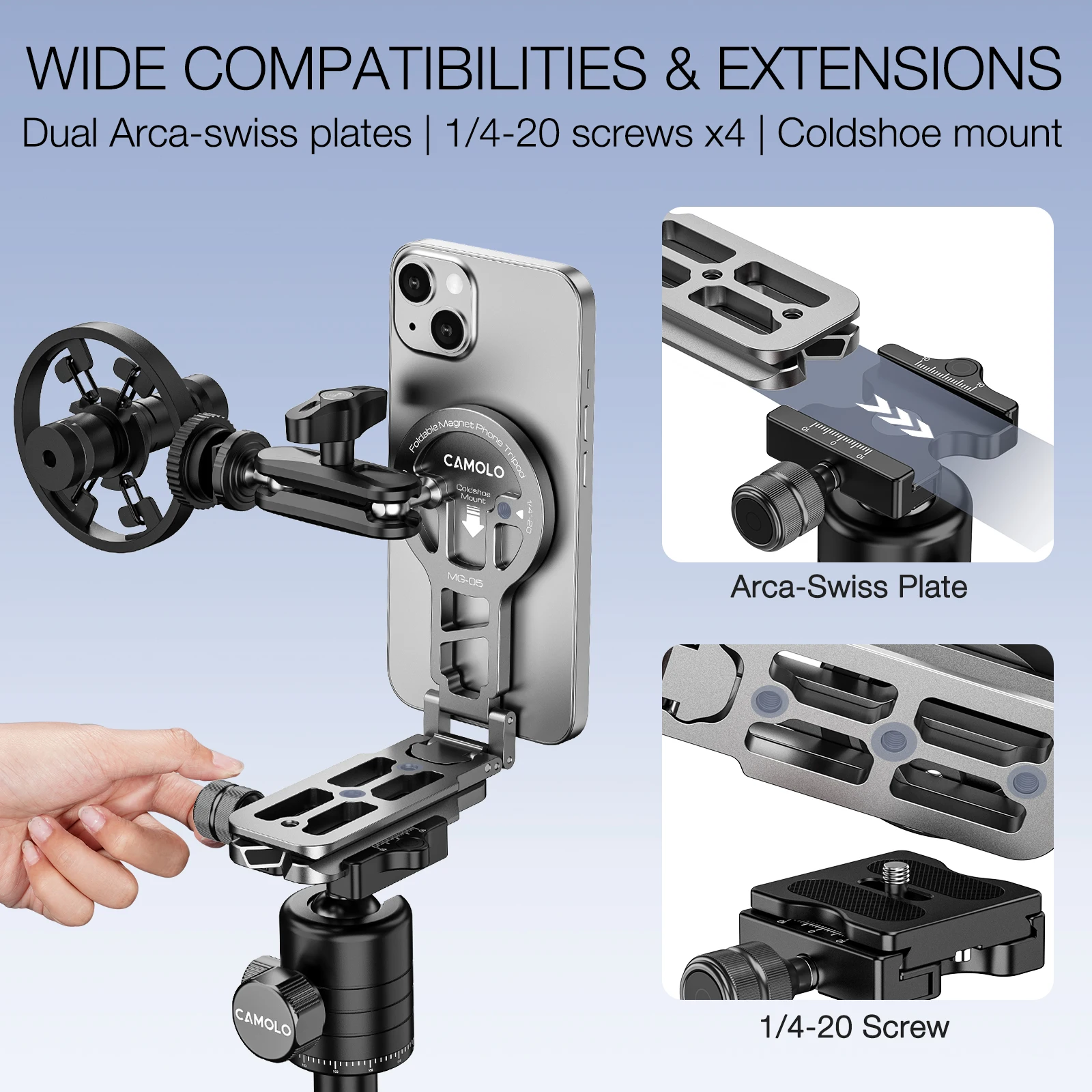 Soporte magnético para teléfono CAMOLO, trípode Magsafe con zapata fría Arca-Swiss para teléfono Vlog, soporte plegable para teléfono de escritorio para viaje - imagen 4
