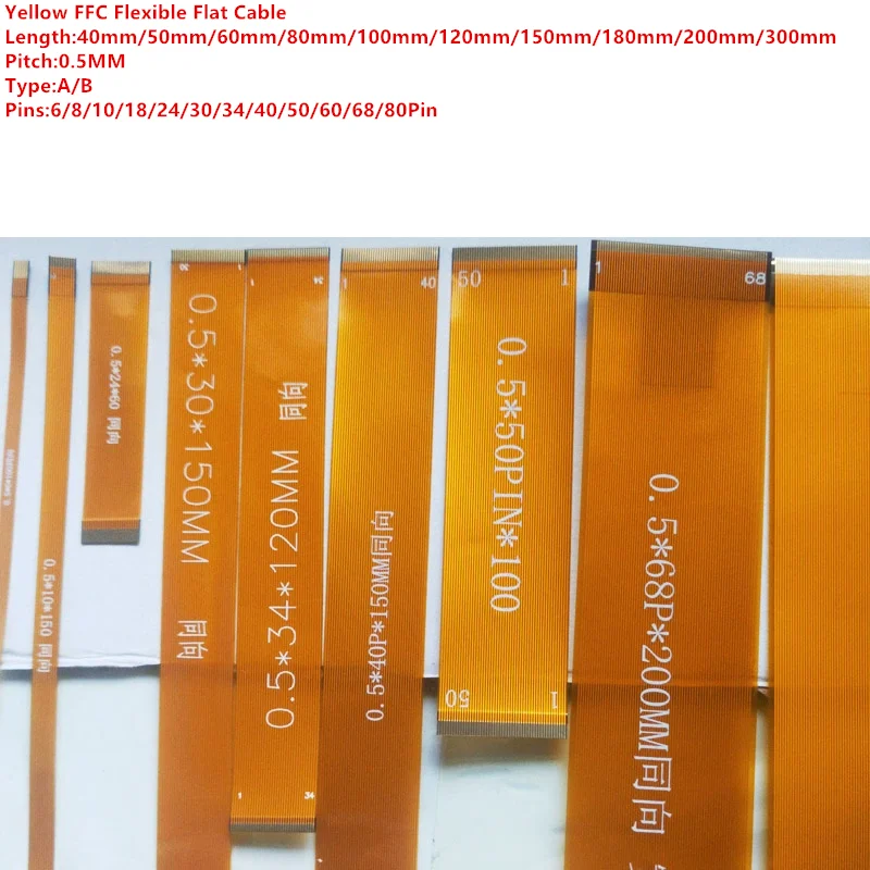 Cable Flexible plano amarillo FFC FPC, paso de 0,5mm, línea de pantalla LCD 6P/8P/10P/18P/24P/30P/34P/40P/50P/60P/68P/80Pin