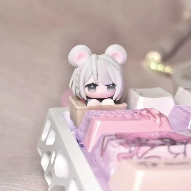 Juego de teclas con tema de ratón pequeño gris, teclas artesanales de resina 3D, teclas originales personalizadas hechas a mano para regalo de teclado mecánico - imagen 2