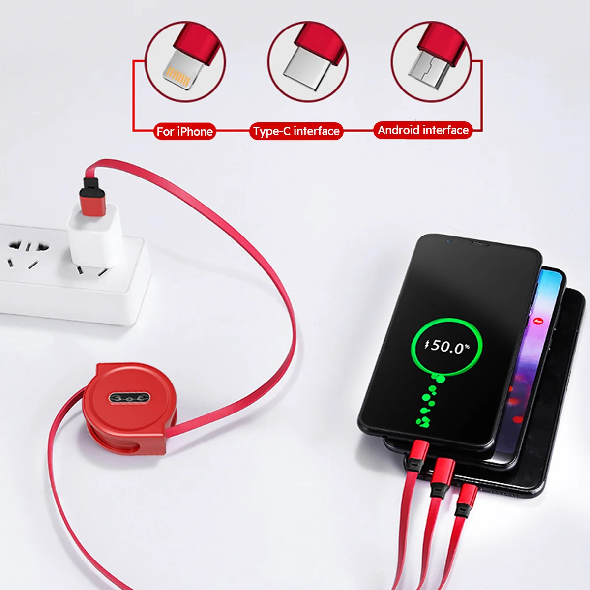 Cable USB retráctil 3 en 1, Cable de datos de carga rápida para Iphone, Samsung, Huawei, Xiaomi, Cable de carga múltiple - imagen 4