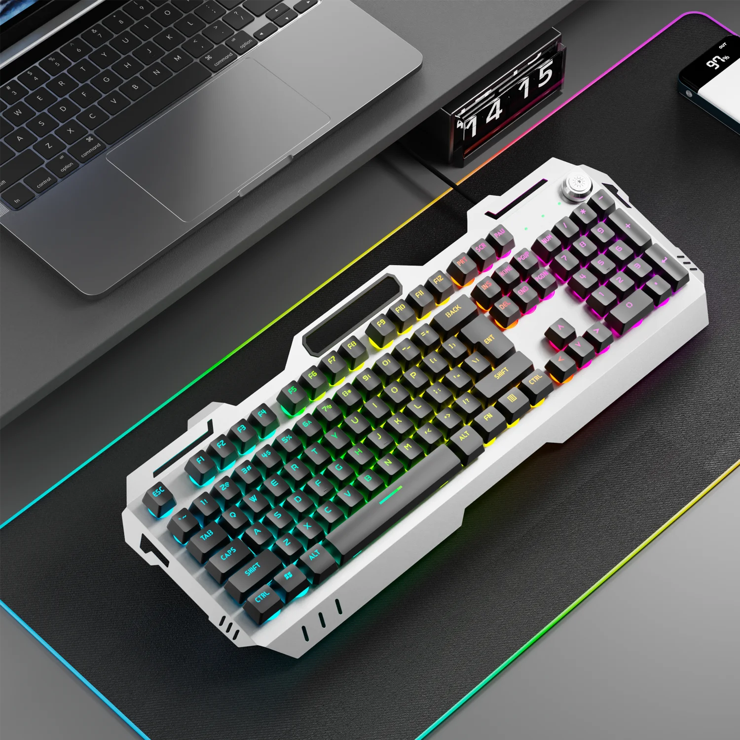 EWEADN Teclado para juegos silencioso, 104 teclas retroiluminadas con LED, panel totalmente metálico con cable USB, perilla multimedia, oficina, hogar, computadora portátil/escritorio - imagen 4