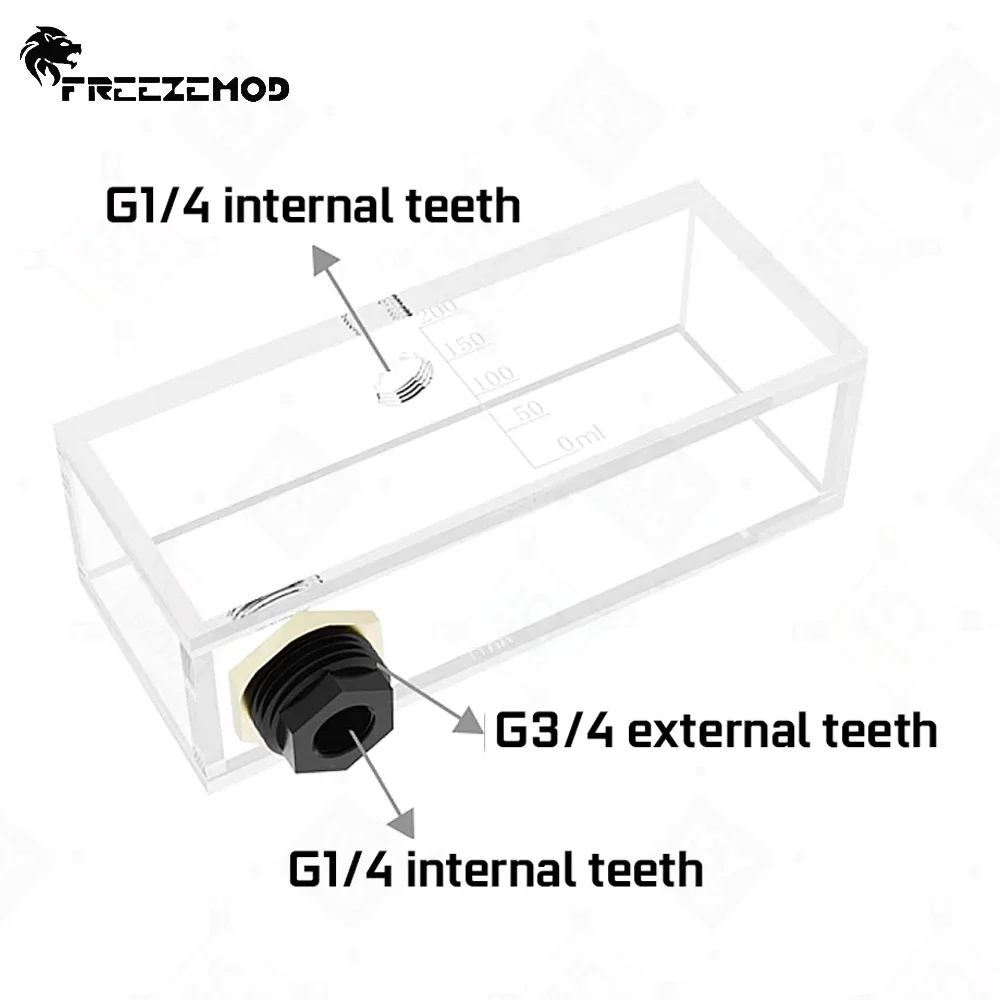 FREEZEMOD Tanque de agua cuadrado acrílico 200 ml G1/4 Dientes interiores G3/4 Dientes exteriores Adecuado para instalación de partición Resósito MOD de PC - imagen 3