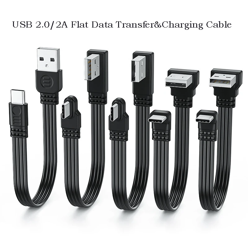 Divisor de Cable de datos USB a tipo C, Cable plano hasta abajo izquierdo y derecho, transferencia de datos USB 2,0, línea de extensión de sincronización de suministro de energía 2A