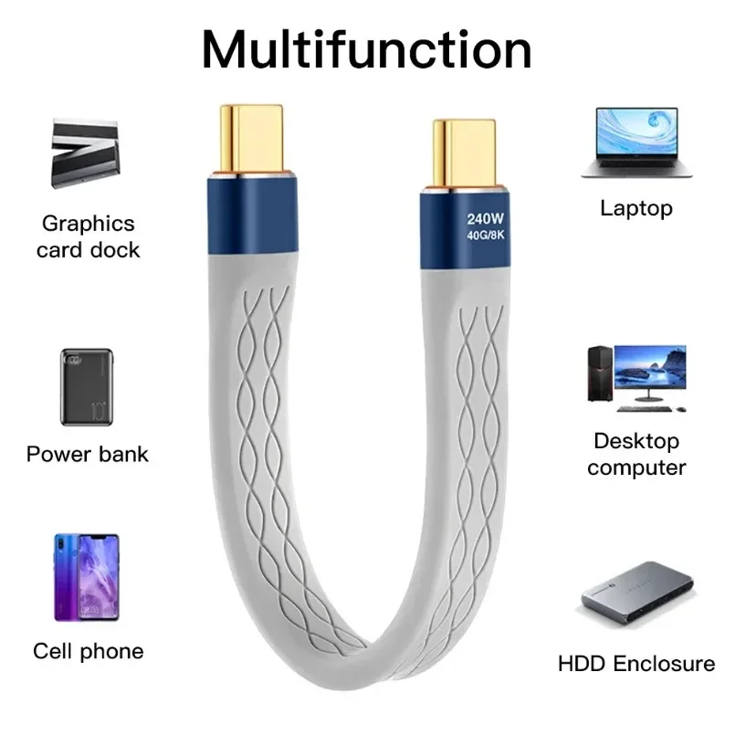 Cable corto USB C a USB C de 240W y 40GB, Cable de carga rápida tipo C, transferencia de datos de 40Gbps, Cable de extensión de carga de datos FPC plano y delgado de 8K - imagen 2