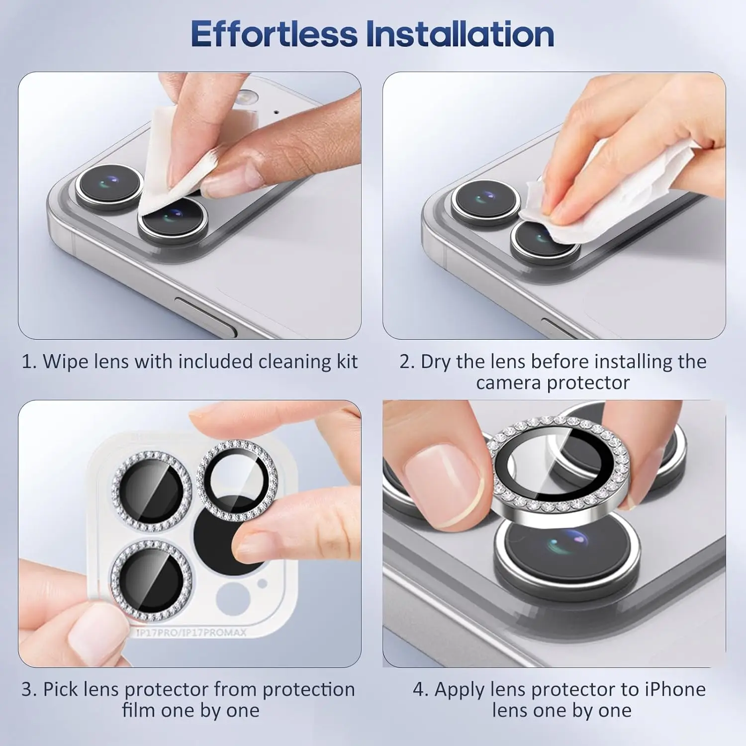 Funda protectora de lente de cámara con purpurina de diamante ostentoso para iPhone 17 Pro Max Air 16 Plus 16E 15 14 13 Mini accesorio de protección para teléfono - imagen 4