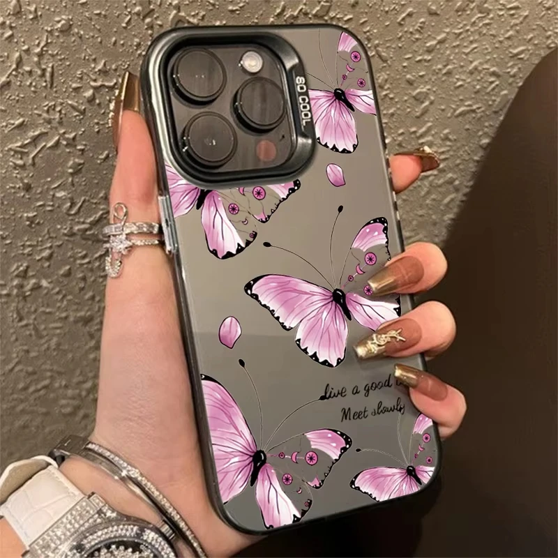 Funda de teléfono IMD de Color negro y morado con mariposa a la moda para iPhone 16 Pro Max 15 14 13 12 11 XS X XR 7 8 Plus SE 2020 cubierta chapada - imagen 2