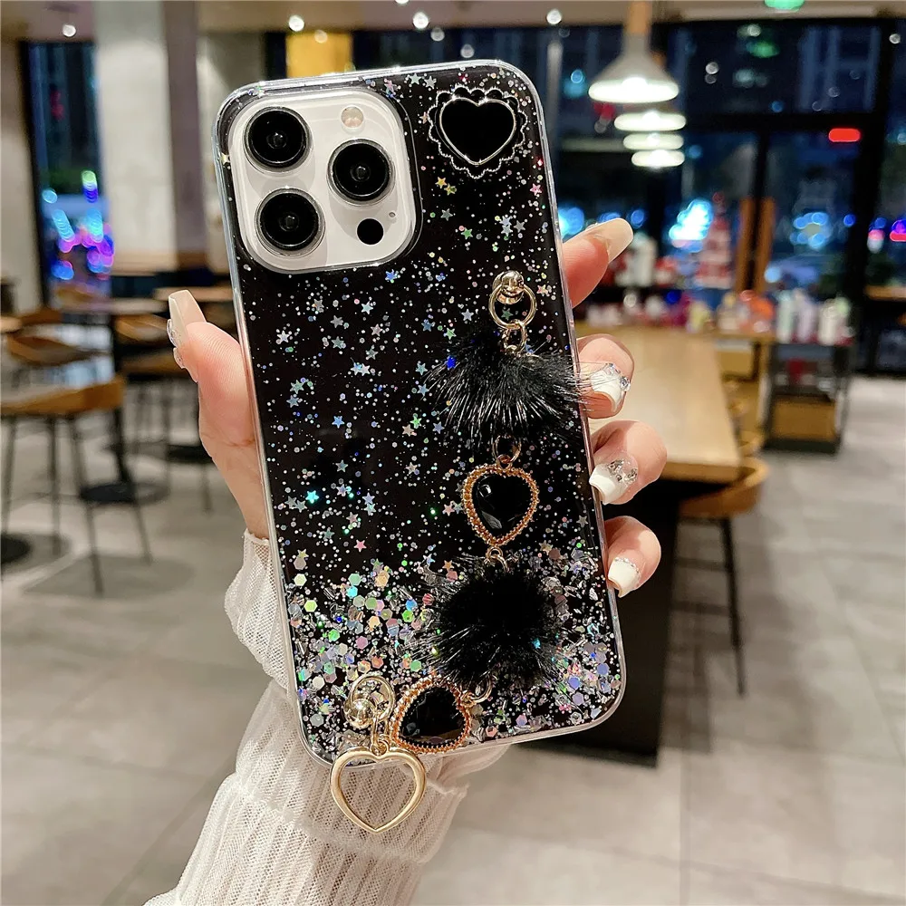 Funda de teléfono con pulsera de felpa de corazón de amor de lujo para Xiaomi Redmi Note 11, 11S, 10, 9 Pro, 10S, 9S, 10A, 10C, 11 Lite, 11T, POCO X3 - imagen 3