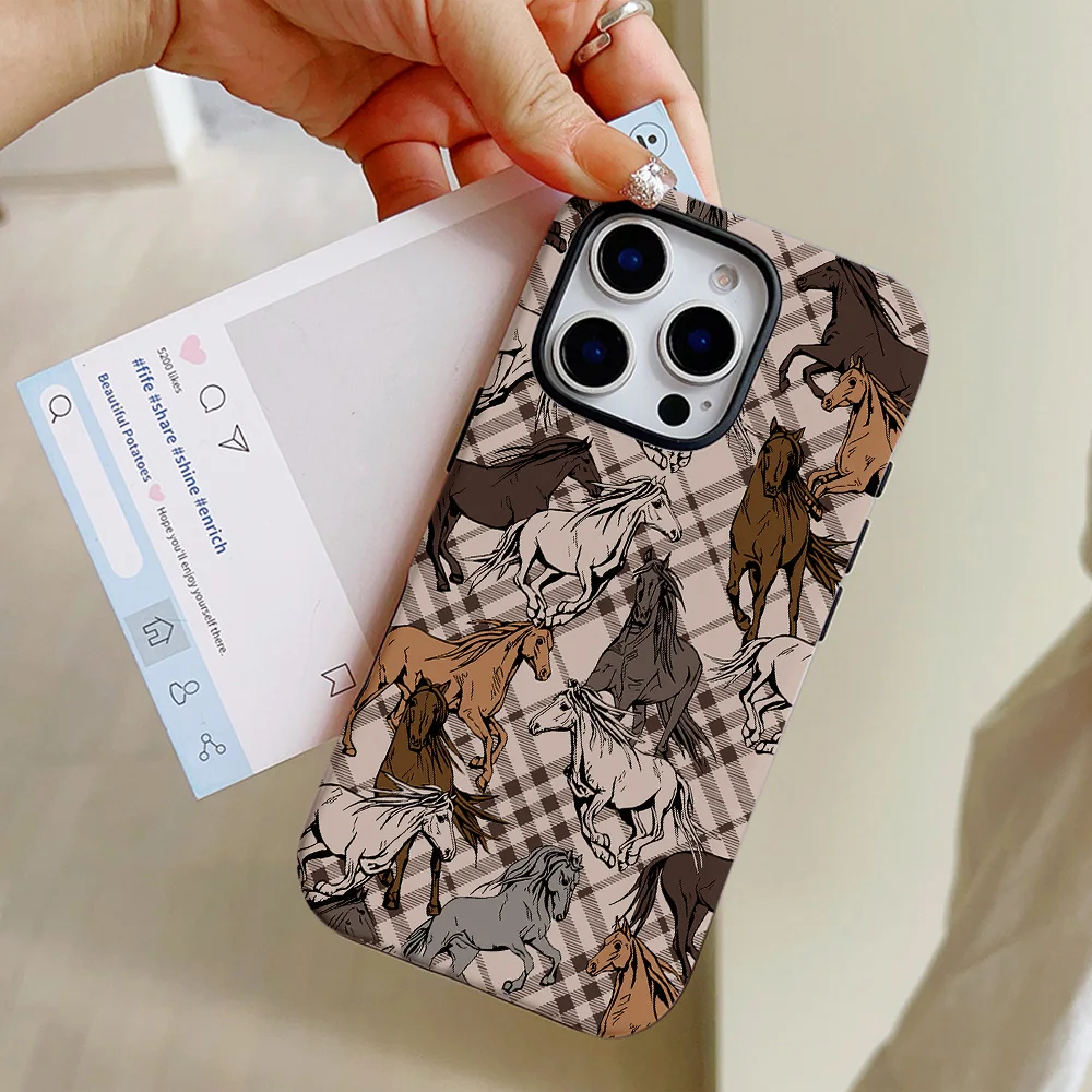 Funda de teléfono con diseño de caballo a cuadros para iPhone 16, 15, 14, 13, 12, 11 Pro Max Plus, funda trasera magnética de lujo de doble capa - imagen 4