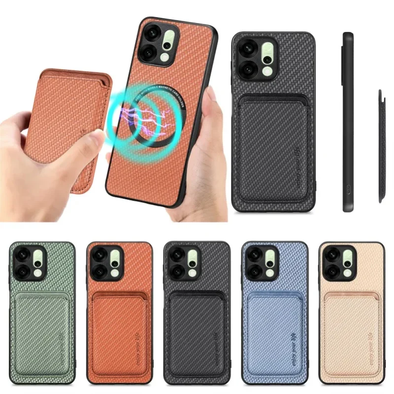 Para Reno 14 Pro cargador inalámbrico para Magsafe Funda de cuero con imán para OPPO Reno 12 Pro 13FS ranura para tarjeta magnética cubierta de fibra de carbono - imagen 2